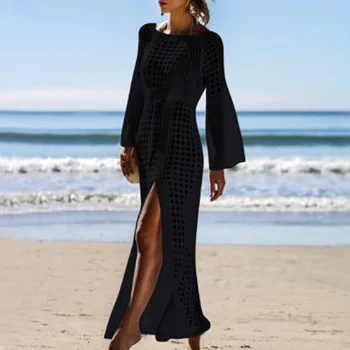 

Women's Sexy Beach Dresses Hollow Knit Long Sleeve Solid Color Beach Clothes Sun Protection