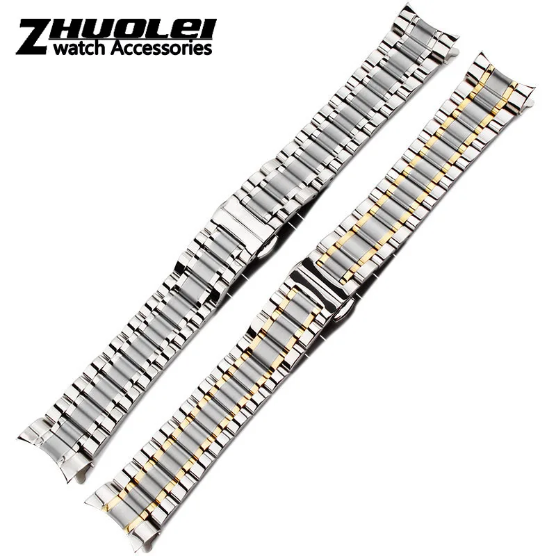 Elegant Curved-End Stainless Steel Watchband Bracelet - Multiple Widths Available