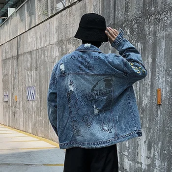 

SexeMara fashion The New Loose Splashing ink Graffiti Hole Washed Denim jacket free shipping