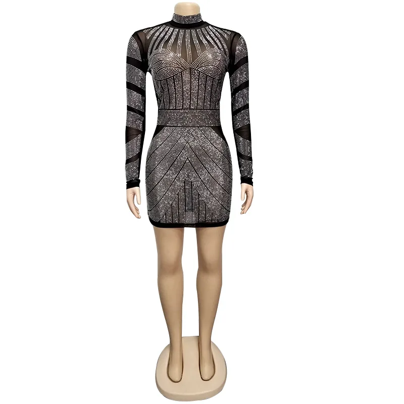 Beste Glitter Strass Sexy Mini Jurk Vrouwen Sheer Mesh Patchwork Lange Mouwen Bodycon Jurk Elegante Vrouwelijke Mock Hals Party Jurken