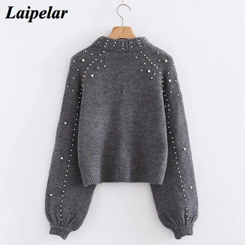 Winter Turtleneck Sweaters Pearl Beading Sweater Warm Lantern Sleeve Women Jumper Female Loose Gray Pullover Pull Knitted A4