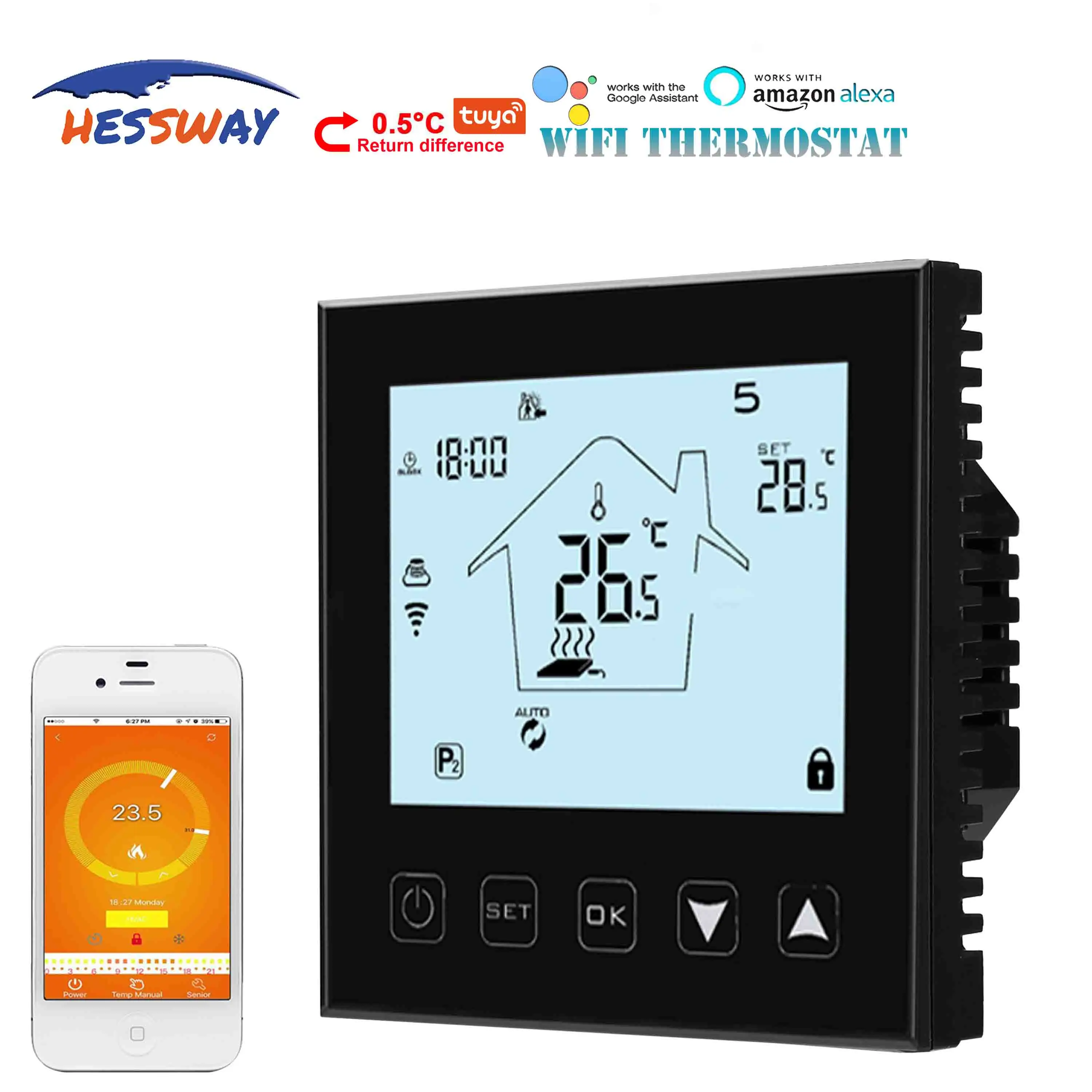 HESSWAY 네거티브 디스플레이 프로그래밍 가능 전기 와이파이 온도 조절기, 난방 듀얼 센서 16A