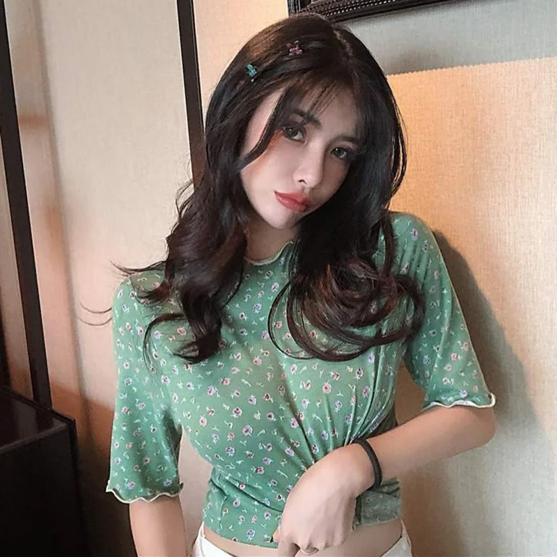 

Women See Through Tee Summer O-neck Short Sleeved Fashion Small Print Tops Thin Female Ruffles Clothing