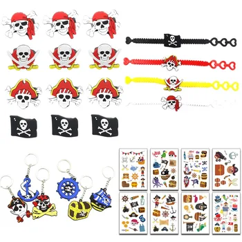 

Besegad 30pcs Pirate Party Supplies Kit Key Chain Rubber Rings Bracelets Temporary Tattoos for Kids Halloween Pirate Party Favor