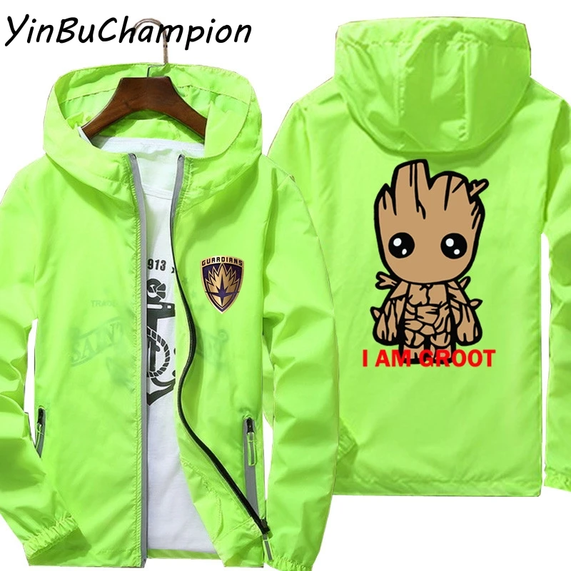 I Am Groot Men's Guardians Of The Galaxy Thin Reflective Sunscreen Jacket Windbreaker Hooded Coats Parkas Clothes 7XL | Мужская