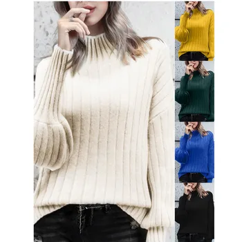 

loose sweater womens sweaters Women's High Collar Puff Sleeve Loose Pullover Sweater Knit Jumper Tops Y916