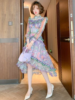 

Fashion romantic printed wood ear stitching lace high waist irregular temperament dress women's dress 2020 early autumn