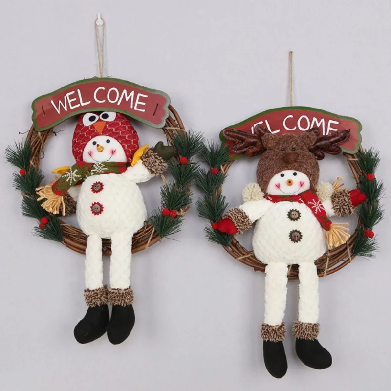 

Rattan Christmas Wreath Garland With Santa Claus/Snowman Doll And Wooden Welcome Sign Holiday Hanging Pendant For Door Wall