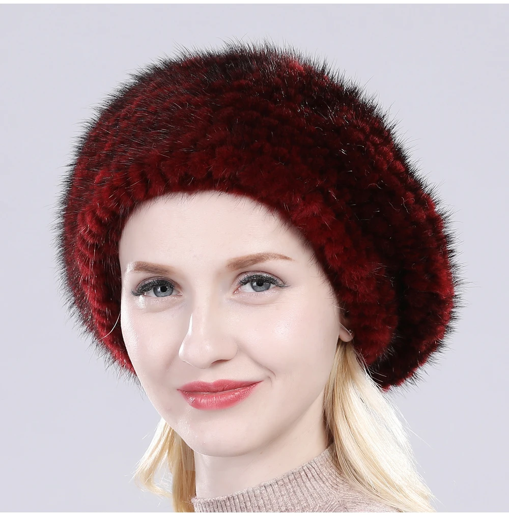 Hot Sale Russia Women Winter Real Mink Fur Berets Hat Hand Knitted Real Natural Mink Fur Cap Lady Luxury Real Mink Fur Hats