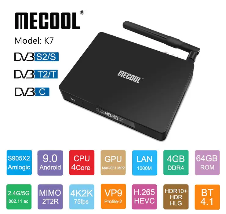 Mecool K7 DVB-S2/S DVB-T2/T DVB-C ТВ-бокс 4G ram 64G rom Android 9,0 Amlogic S905X2 четырехъядерный 2,4G/5G wifi BT HDMI RJ45 мини-ПК