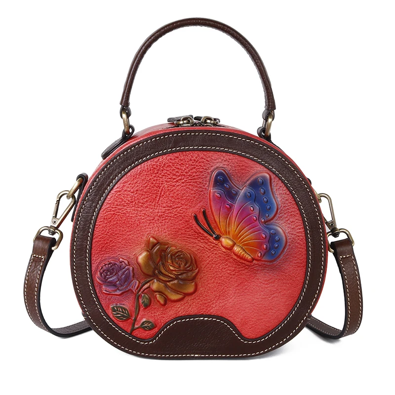 Женская маленькая сумка-тоут из натуральной кожи, сумка-мессенджер, Цветочная Ретро сумка из натуральной кожи, круговая женская сумка, сумки через плечо - Цвет: Red