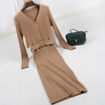 

Autumn Winter Women Sweater Dress Mid-Calf Long Chic Female Dresses Straight Soft Rib Knitted dresses with belt