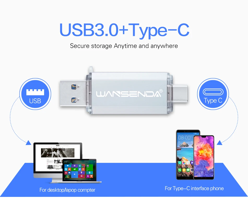 WANSENDA Тип C & флеш-накопитель USB 3,0 портативный флэш-накопитель 16 GB 32 ГБ, 64 ГБ и 128 ГБ 256 GB флешки 2 в 1 USB флеш-память Stick