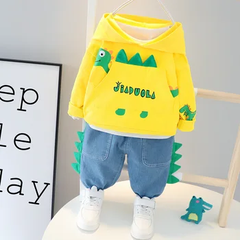 

Boys' Autumn New Cartoon Dinosaur Hooded Sweater Pants Two-piece Handsome Children's Clothing Baby Boys Combed Cotton Pullover