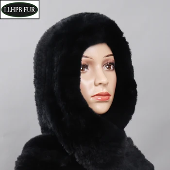 

New Winter Women Real Fur Hats Scarves Knitted Lady Natural Rex Rabbit Fur Hooded Scarves Neck Warmer Genuine Fur Caps Scarf
