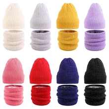 New Plain Color Acrylic Knitted Beanie Cap And Neck Warmer Elastic Scarf For Men Women Winter Keep Warm Casual Set