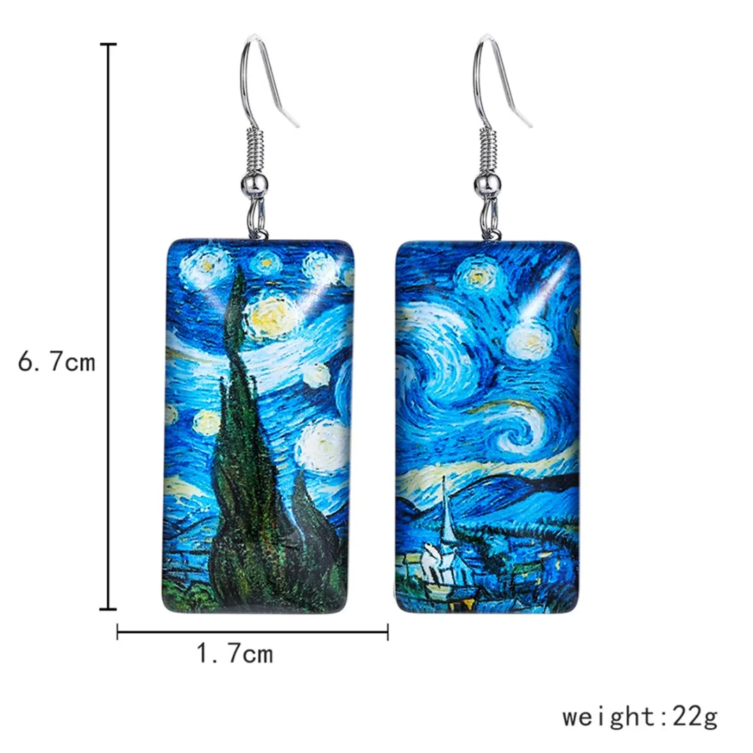 Art Resin Painting Personalized Earring For Women Tree Starry Sky Rectangular Geometric Earring Ocean Beach Style Party Jewelry