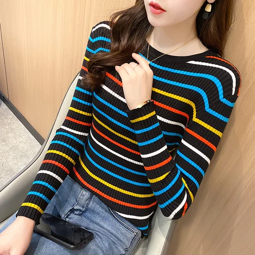 New Women Rainbow Stripe Sweater Winter Slim Long Sleeve Pullover Tops Korean Ladies Knitted Elegaht Sweaters Woman Jumper Mujer black