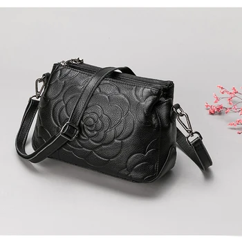 

3 Zip Bags, Leather Guarantee, Flower Printing Women Genuine Leather Messenger Bag, 100% Natural Cowhide Cross body Bag, P079
