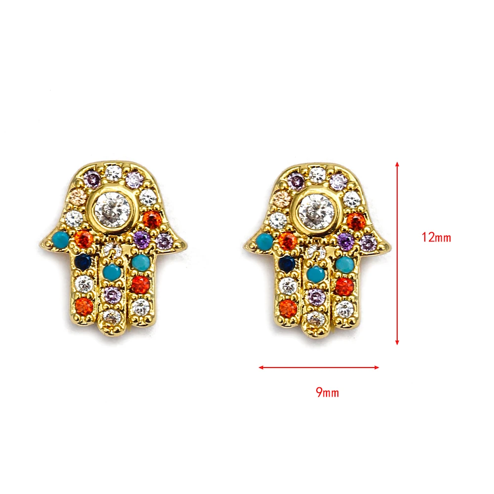 Женские серьги гвоздики Lucky Eye Hamsa золотого цвета с инкрустацией и радужным