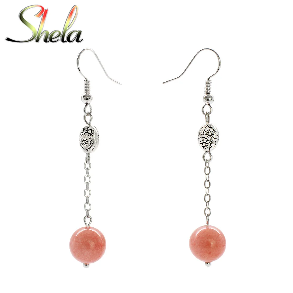SHELA Black Onyx Drop Earrings for Women Pink Semi-Precious Stone Tibetan Silver Beads Dangle Pendientes Fashion Jewelry