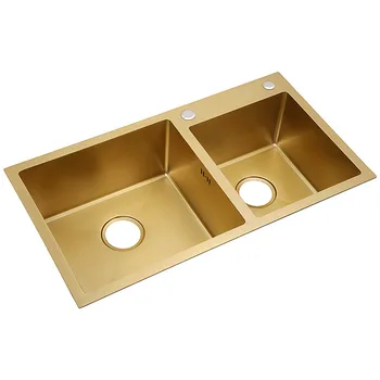 Online 304 Stainless Steel Gold Kitchen Sinks Hand-thickened 4mm Double Bowl With Tap Above Counter Nano-coating Sinks Ship From EU