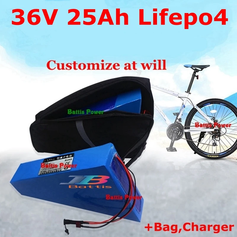 36v 25ah lifepo4 треугольник литиевая батарея с BMS для 1500 Вт 750 машин Электрический велосипед Скутер+ 3A зарядное устройство+ сумка
