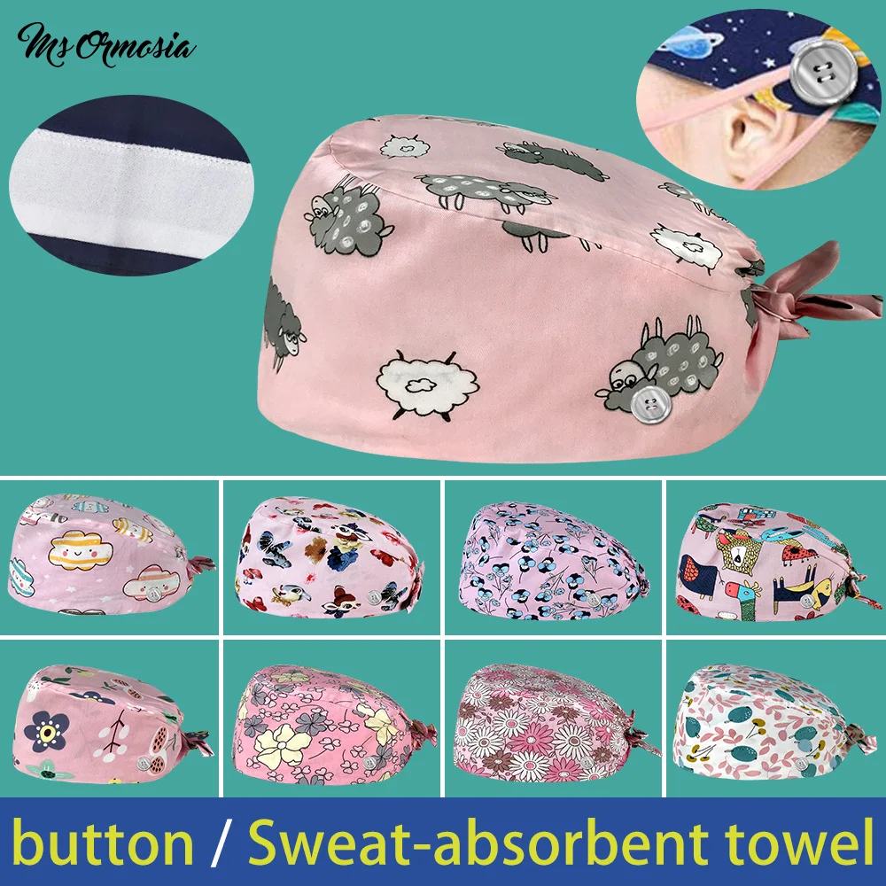 

unisex with buttons cotton Elastic cartoon printing scrub hat lab beauty salon work hats summer breathable bandage scrub caps