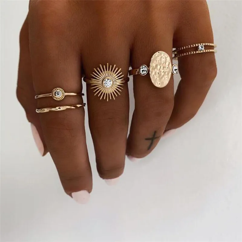 

5pcs/Set Bohemia High Quality Style Rings Set Classic Shape Pattern Sun Elliptical Geometry Pendant For Women Men Charm Jewelry