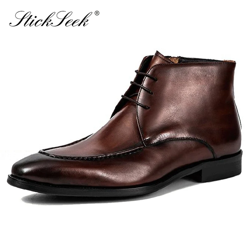 

Plus Size Classic Genuine Leather Formal Man High-Top Ankle Boots Pointed Toe Laces Handmade Men's Party Riding Shoes AS291