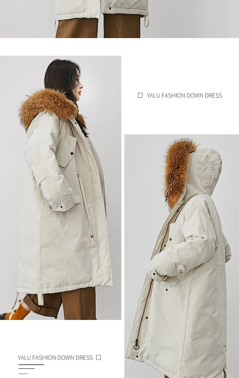 Yaloo/Yaloo down Jacket Women's Mid-length New Style Fashion Loose Waist Hugging Large Fur Collar Thick Parka