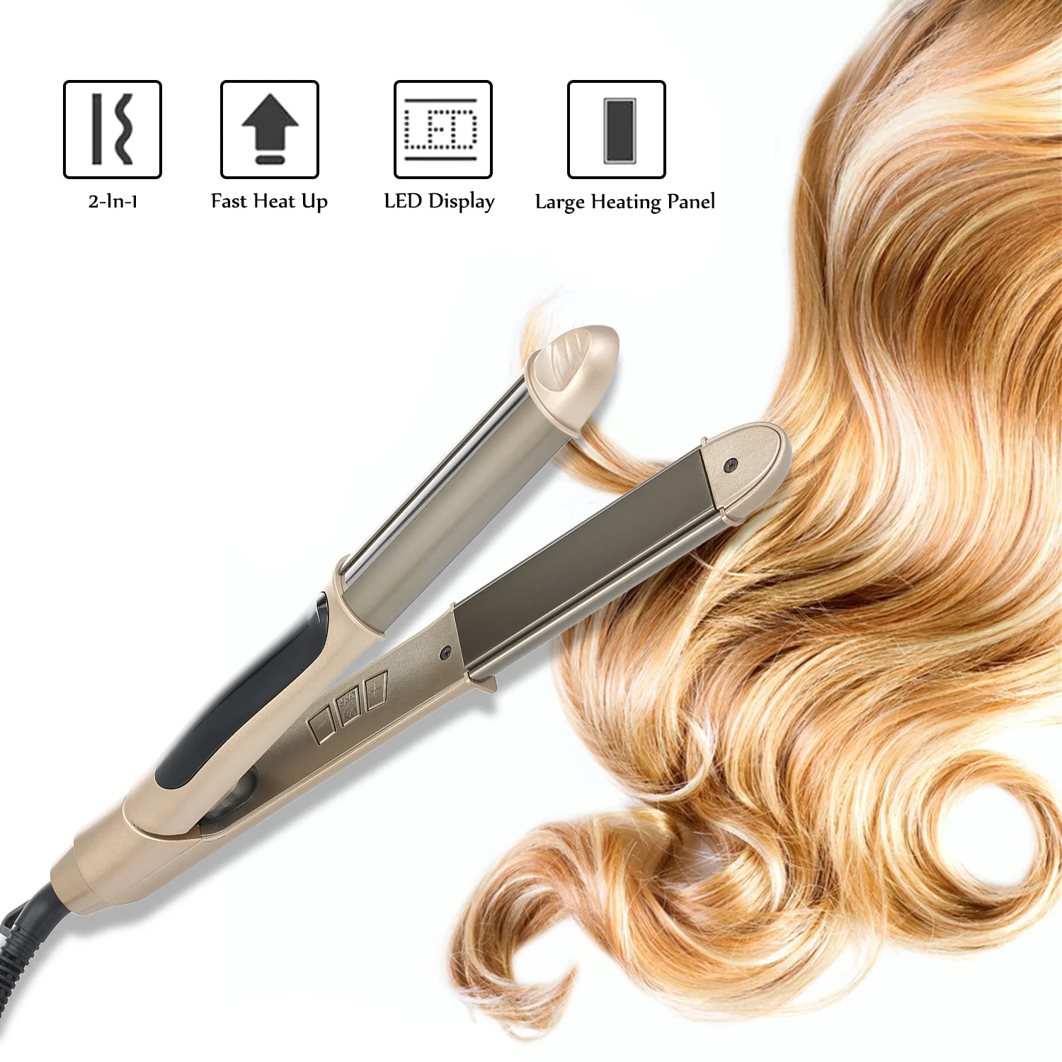 

2-In-1 Flat Iron Hair Curler & Straightener LCD Temperature Adjustment & 3D Tourmaline Heating Plate Hair Styling Curling Wand