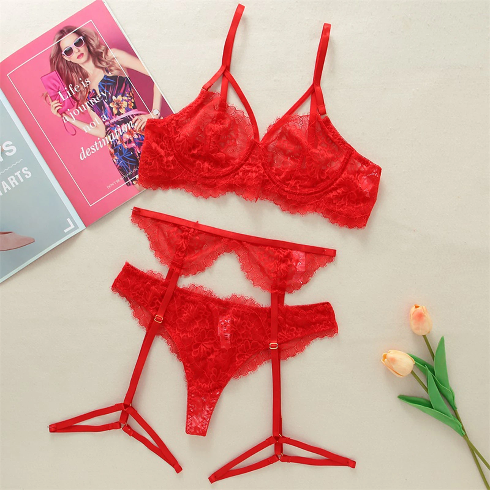 Conjunto de lencería Sexy para mujer, Sujetador de encaje rojo, liguero, Tanga, ropa interior con aros, de sujetador y braga| - AliExpress