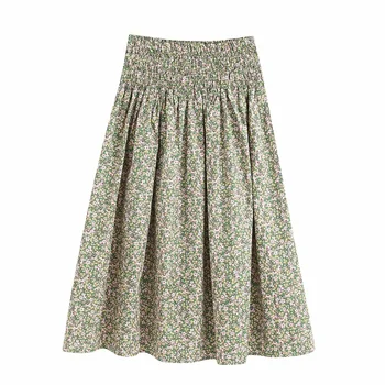 

2020 Summer Women's New French Retro High Waist Midi Skirt Honeycomb Stretch Waist Slimming Joker Print Skirt