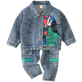 

Baby boy clothes spring and autumn denim suit children's suit boys cotton fashion cartoon denim jacket boy two-piece suit