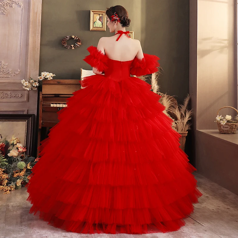 Red Halter Vestidos New Quinceanera Dresses Sweet Party Dress Stratum Ball Gown Off The Shoulder Robe De Bal Customize