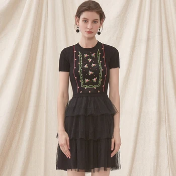 

Brand Fashion Women High-end Luxury Vintage Elegant Black Short-sleeved Flower Embroidery Stitch Mesh Knitted Dress