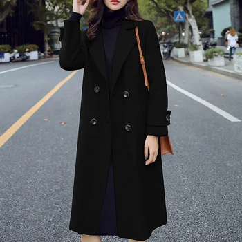 

Daily Single Breasted Long Sleeve With Pocket Casual Winter Artificial Wool Lapel Solid Color Autumn Outwear Women Coat Fashion