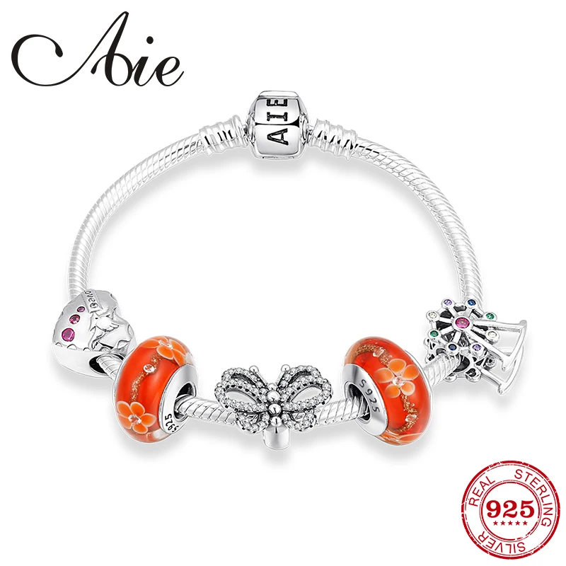 Простой 925 пробы серебряные браслеты дружбы Серебряный оранжевое стекло браслеты с подвесками с европейские стеклянные бусины для браслет