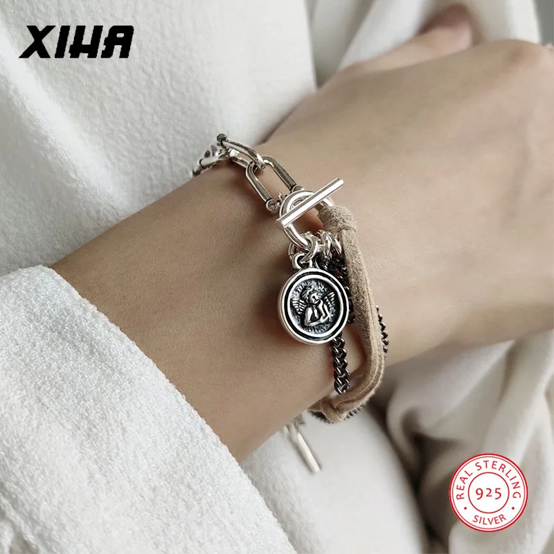 925 пробы, серебряный, черный, кубинские браслеты на цепочке для женщин, кожаные браслеты на застежках, винтажный браслет с крестиком ангела