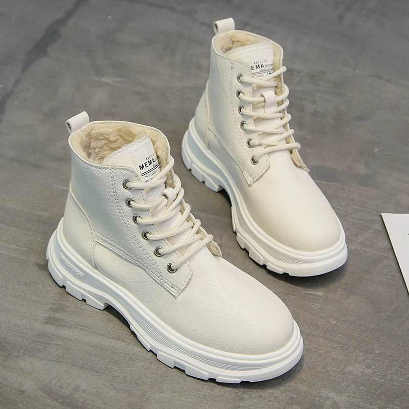 Winter White Boots Women Fashion Platform Ankle Boots Lace Up Combat Boots Snow Shoes Woman Warm Plush 2019 New Winter Boots