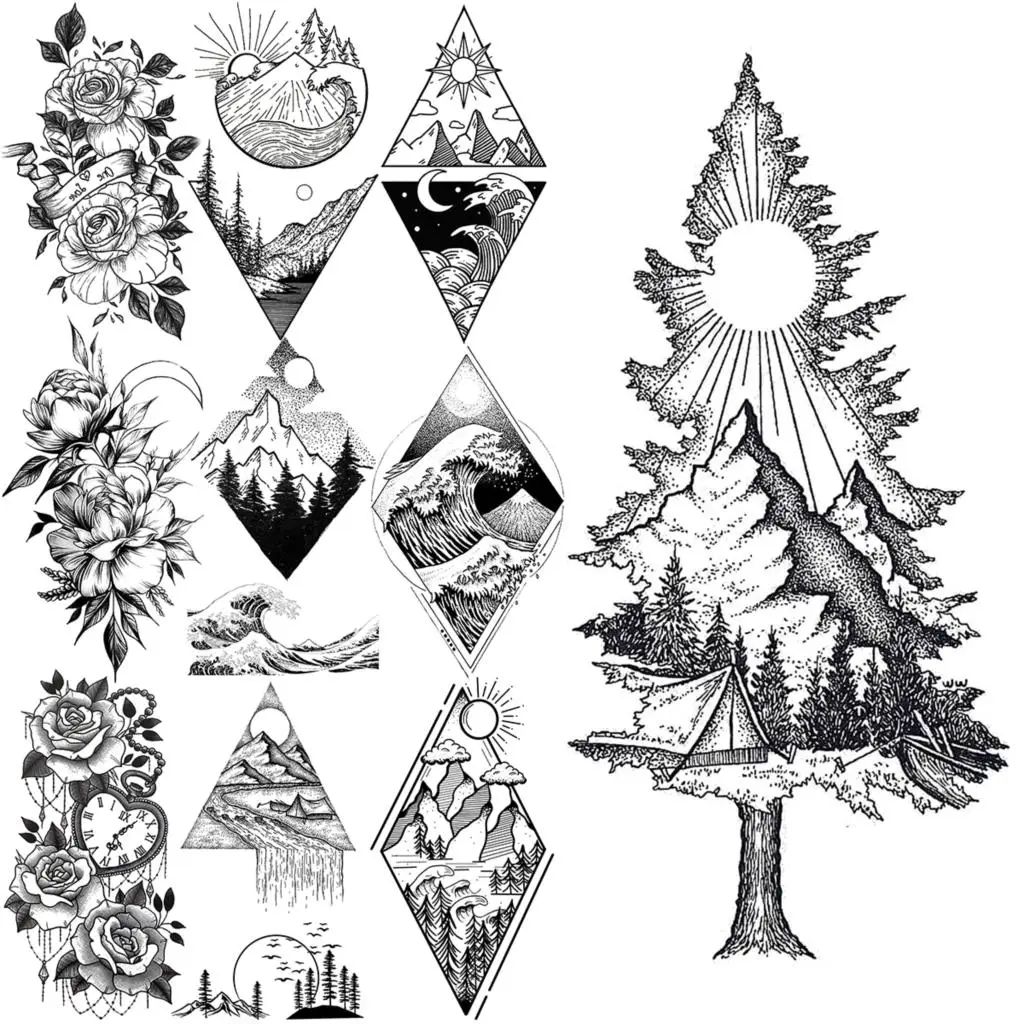 

Pencil Sketch Pine Tree Small Temporary Tattoos For Men Women Dahlia Waves Mountains Rivers Fake Tattoo Sticker Arm Waist Tatoos