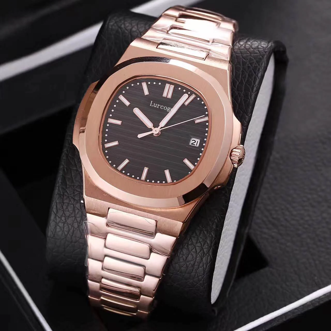 

Rose gold mens mechanical sweep watches sapphire glass black dial stainless steel bracelet sports watch Glide sooth second hand