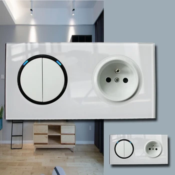 

146 Type 2 gang 2 way French Crystal Tempered Pure Glass Panel 13a Double Eu Standard Wall Power Socket Grounded white
