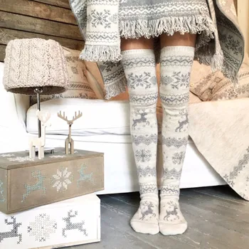 

Women Christmas Snowflake Elk Socks Thigh High Long Stockings Warm Winter Knitting Over Knee Socks Xmas Knit Wool Socks Female