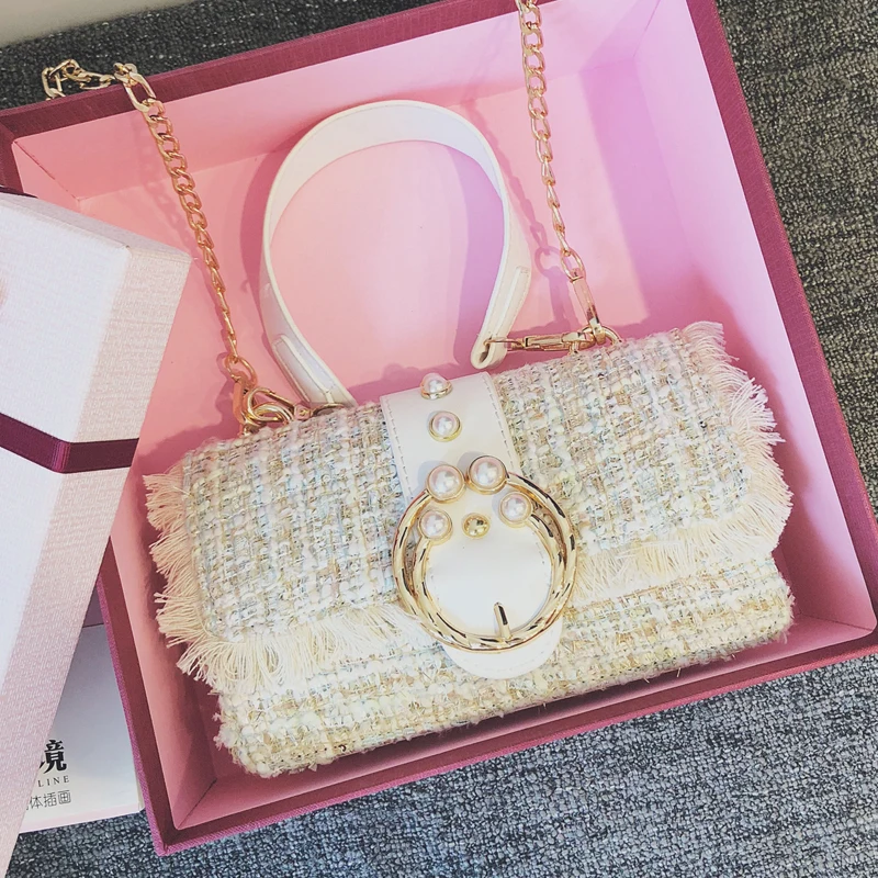 

Women's Designer Handbag 2018 New Fashion High quality Woolen Women bag Pearl Tote bag Chain Shoulder Messenger bag Crossbody