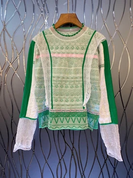 

2020 Early Autumn New Women's round Neck Lace Color Matching Stitching Knitted Decorative Long Sleeve All-match Shirt 812