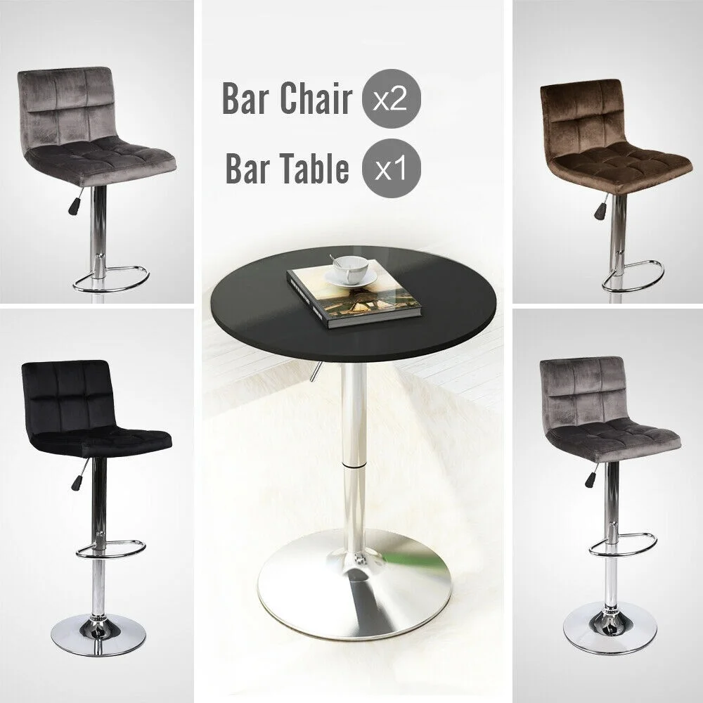 

3 Piece Bar Table Stools Adjustable Counter Top Wood Table Dining Desk Velvet Seat