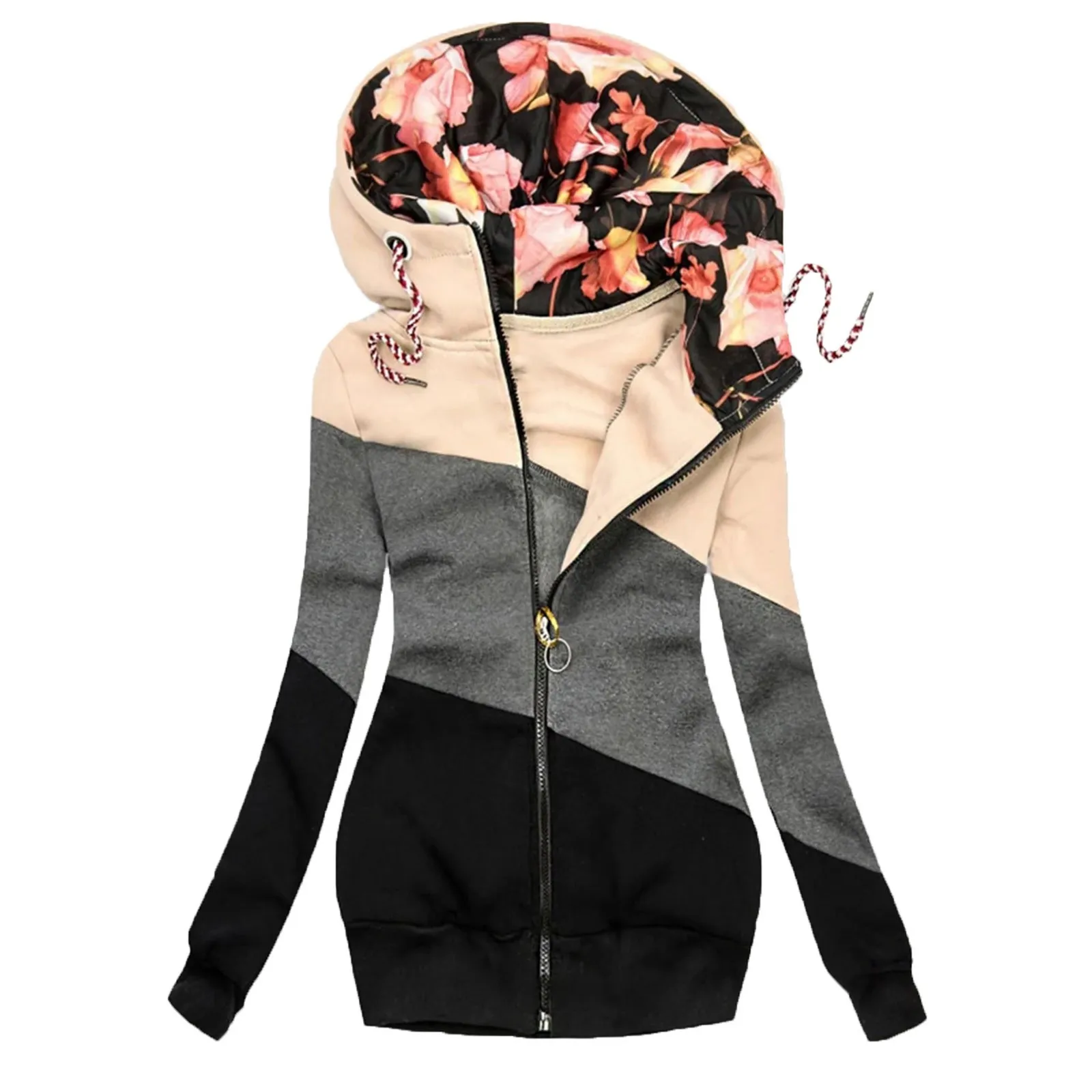 Women's Fashion Hooded Jacket 2021 Winter Ladies Casual Zipper Hooded Coats Color Matching Long Sleeve Drawstring Coat Outwear 2
