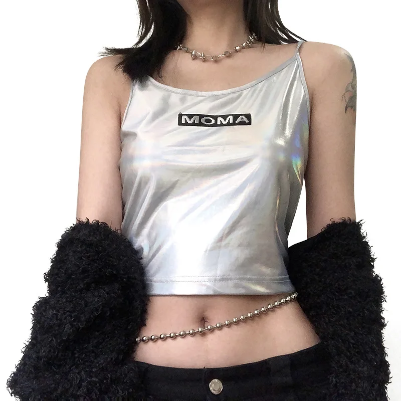 

Sexy U-neck Adjustable Strap Metallics Holographic Cami Top Women Summer Wet Look Laser Cropped Tank Top Festival Outfits